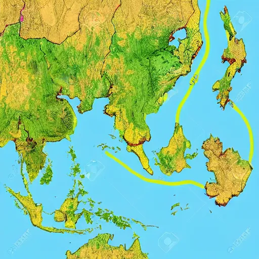 Image similar to isometric view of mainland southeast asia, geographic map, zoom in thailand burma laos vietnam and cambodia, high - detail, high accuracy, in style of old map, fantasy,