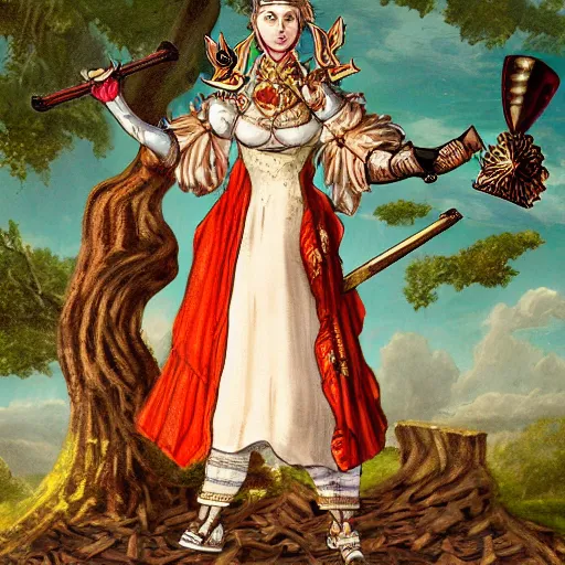 Prompt: an anthropomorphic poppy flower wears an iron breastplate with a gilded crown crest on it, holding a sword and shield as if she's ready for battle, standing next to a large tree stump that seems to be made out of white marble or stone, digital art