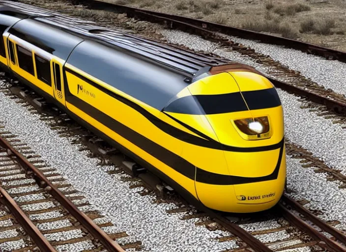 Image similar to A train that looks like a bee. This advanced train was designed to look like a bee.