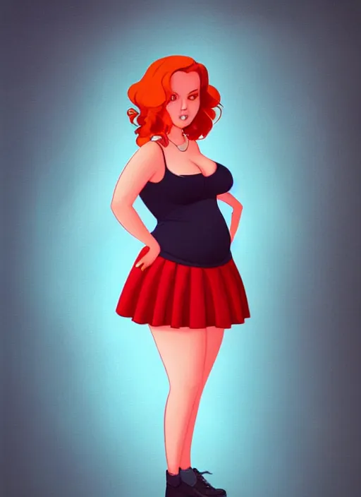 Image similar to full body portrait of teenage cheryl blossom, obese, bangs, sultry, realistic, red hair, sultry smirk, wavy hair, pink skirt, fat, belly, intricate, elegant, glowing lights, highly detailed, digital painting, artstation, concept art, smooth, sharp focus, illustration, art by wlop, mars ravelo and greg rutkowski