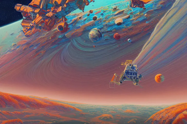 Image similar to space landscape, illustration painting, oil on canvas, intricate, portrait, detailed illustration, hd, digital art, overdetailed art, concept art, complementing colors, detailed, illustration painting by alex gray, digital art, overdetailed art, concept art, complementing colors rendered by beeple, syd meade,