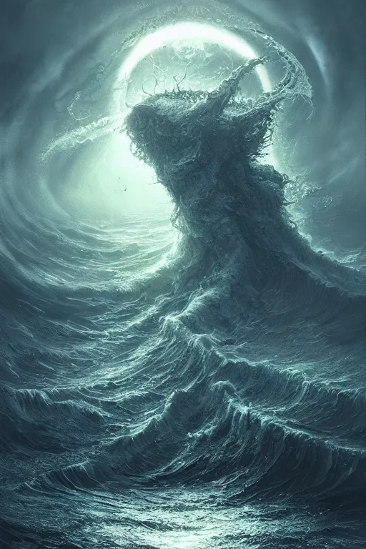 Image similar to A stunning detailed Shoggoth by Tomasz strzalkowski, stormy ocean, beautiful lighting, full moon, detailed swirling water tornado, artstation