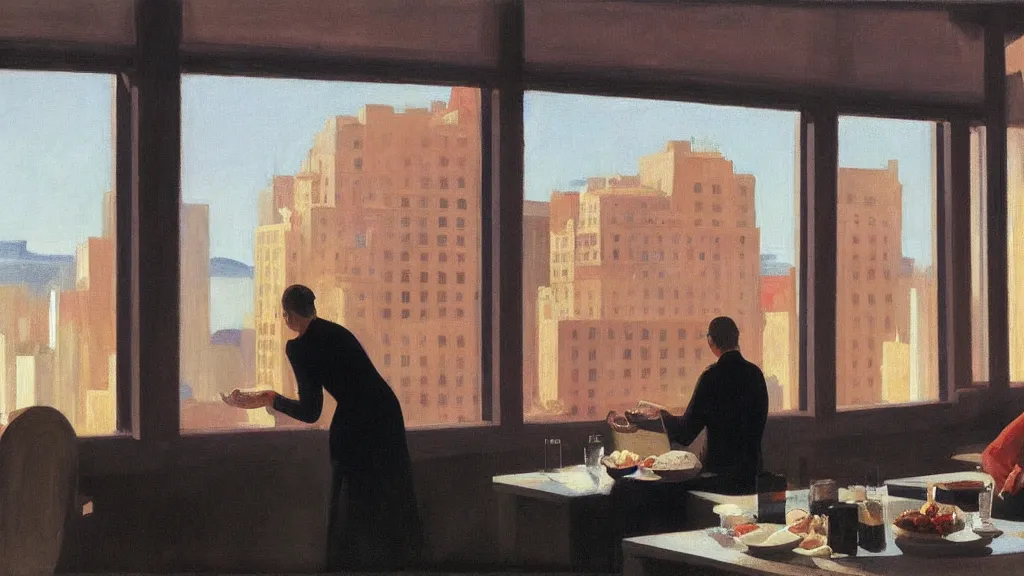 Prompt: 911 terrorist attacks as seen from the window of a luxury hotel while a couple eats breakfast, by Edward Hopper, high-resolution