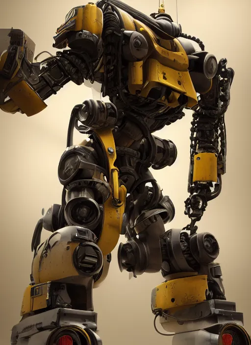 Image similar to a photorealistic dramatic hyperrealistic render of a futuristic exosuit power loader heavy machinery, ultra realistic details, glossy yellow, well worn, rust, oil stains by vitaly bulgarov and mike nash, beautiful dramatic dark moody tones and lighting, cinematic atmosphere, studio lighting, shadows, dark background, octane render, 8 k