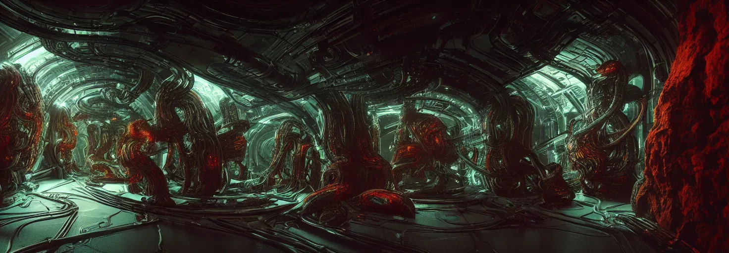 Image similar to Prometheus biological sci-fi corridor set in a nightmarish universe of odd forms and somber tapestry, humans exploring, HR Giger, vivid color scheme, featured in artstation, octane render, cinematic, elegant, intricate, 8k