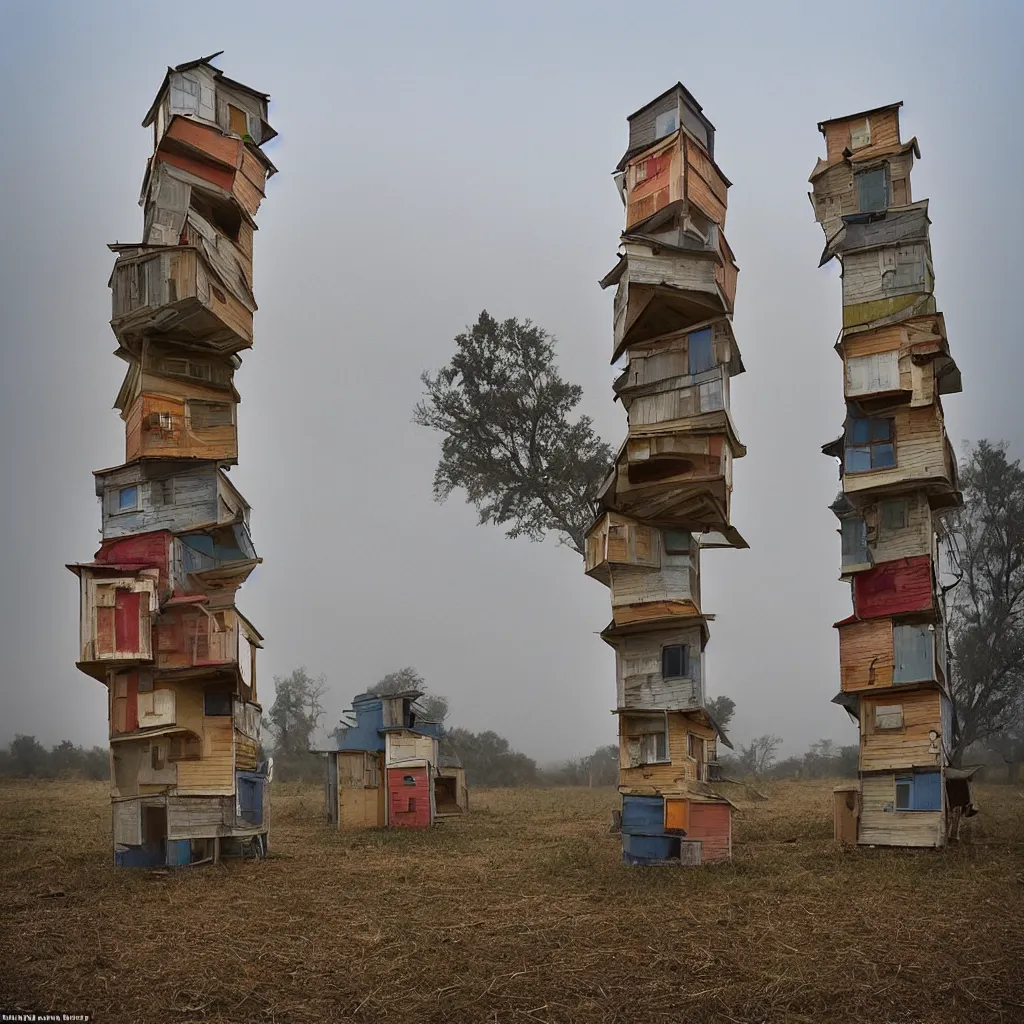 Prompt: two towers, made up of stacked makeshift squatter shacks with bleached colours, plain uniform sky at the back, misty, mamiya, shallow depth of field, ultra sharp, very detailed, photographed by julie blackmon