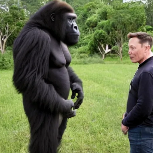 Image similar to Elon Musk angrily discusses with a silverback gorilla about the spaceship design, the spaceship in the background has the shape of a banana, real picture,