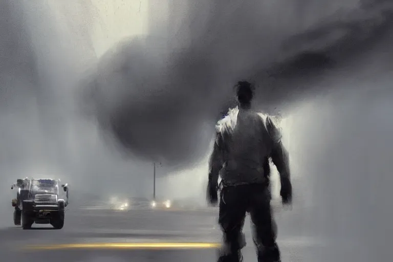 Image similar to epic concept art of an approaching truck and a man standing still. close - up man in foreground. backlight. strong contrast. by ashley wood and j. m. w. turner, speed painting, photo bash, cinematic angle, super detailing, strong perspective, traffic accident, haze over the shoulder shot