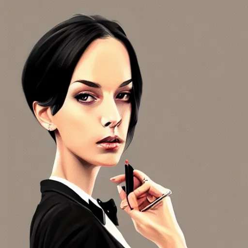 Image similar to slim girl in tuxedo with short black hair, elegant, 2d, ultra highly detailed, digital painting, smooth, sharp focus, artstation, portrait art by Ilya Kuvshinov