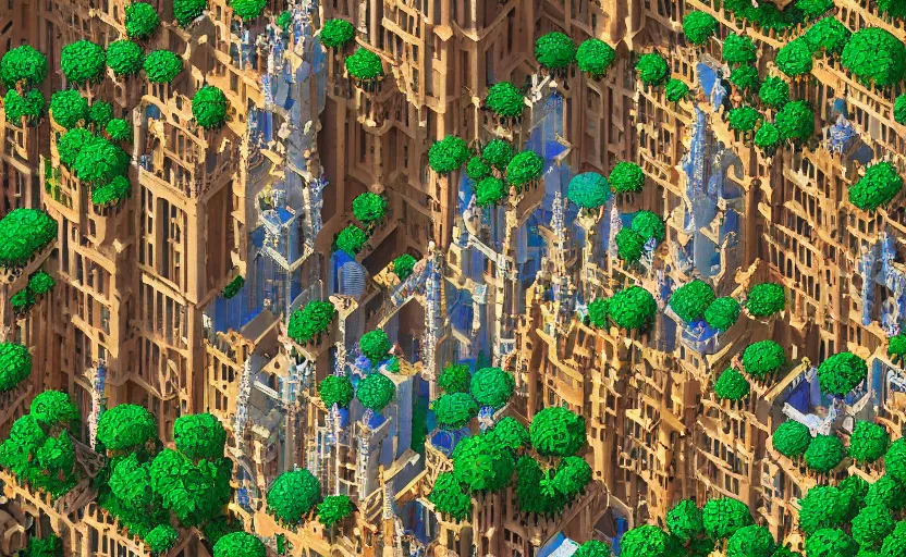 Prompt: pixel art style video game rpg based on a heavenly city with lush walkways, beautiful bioarchitecture design by kedem pitsou, m. c. escher, gaudi sagrada familia, and bisti badlands, emerald gold and beksinski, highly detailed, bokeh, beautiful, artstation