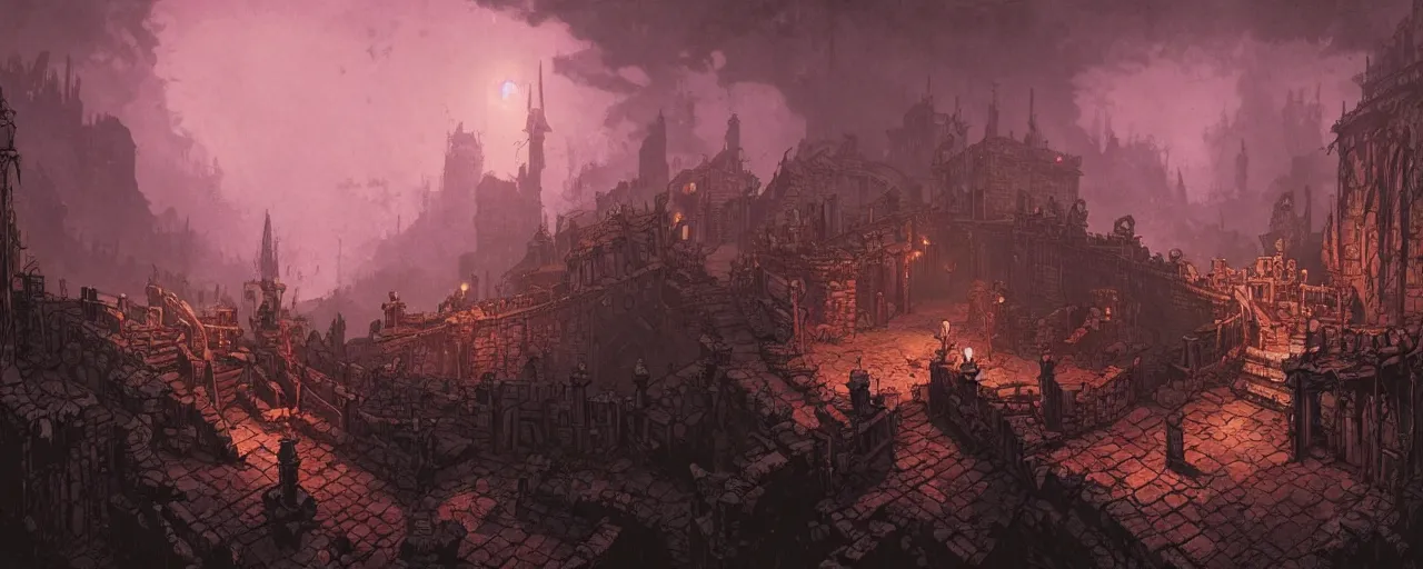 Prompt: battle background of a dungeon. darkest dungeon. art by moebius and thomas kinkade and greg rutkowski.