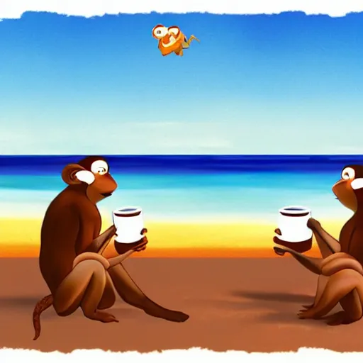 Prompt: two monkeys on the beach drinking coffee, pixar style