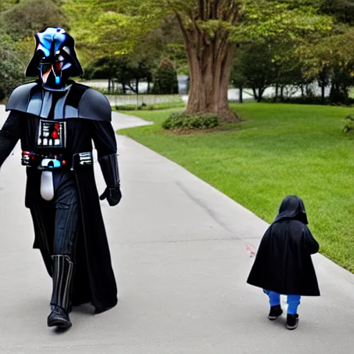 Image similar to darth vader walking kids to the kindergarten