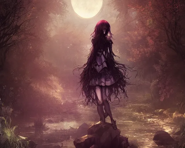 Image similar to goth woman in a moonlight view, in a forest, a river, tankoban, 4 k, tone mapping, akihiko yoshida, james jean andrei riabovitchev marc simonetti, yoshitaka amano, long hair, curly, h. hydrochaeri
