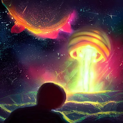 Prompt: over the shoulder photo of a man watching many magic glowing jellyfish in glowing cosmic stardust, colorful stars, galaxies, space, award winning photo, intricate, high detail, atmospheric, desolate, artstation