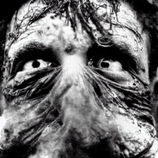 Image similar to man covered in soot, bulging eyes, photo from the 70s