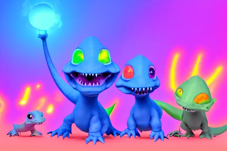 Image similar to pixar designed cute, smiling chibi style baby dinosaurs made entirely out of glowing electrified hypercolor plasma, having fun inside a psychedelic realm made entirely out of love and acceptance and hypercolors. astral beings sharing love. renderman, ray tracing, symmetrical faces, 3 d models