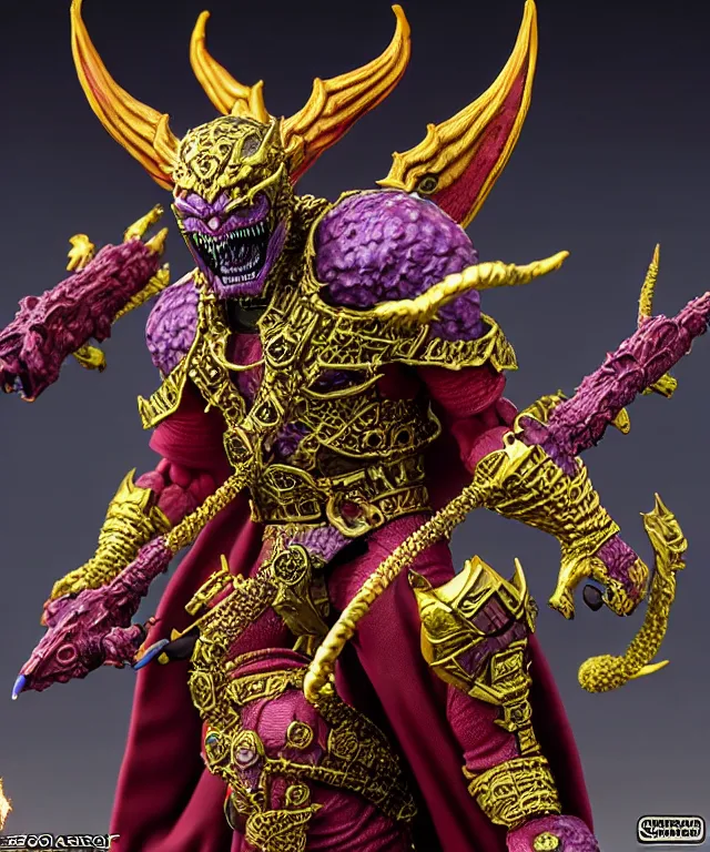 Image similar to hyperrealistic rendering, epic boss fight, ornate supreme demon overlord, jewel crown, war armor battle, by art of skinner and richard corben, product photography, collectible action figure, sofubi, hottoys