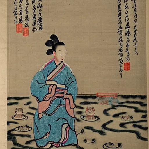 Image similar to ancient chinese drawing of a girl and a lot of rubber ducks in a pond