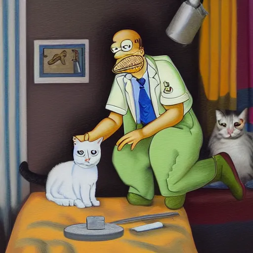 Image similar to doctor home simpson operating on a cat, oil and acrylic on canvas, high detail