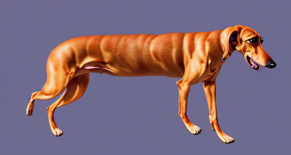 Prompt: a digital painting of a greyhound - sausage dog hybrid, isolated, hyperealism, award winning, stunning, trending on art - sation, highly detailed, cinematic lighting, 8 k, hd