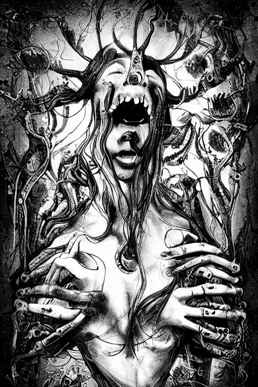 Image similar to black and white illustration, creative design, body horror, monster