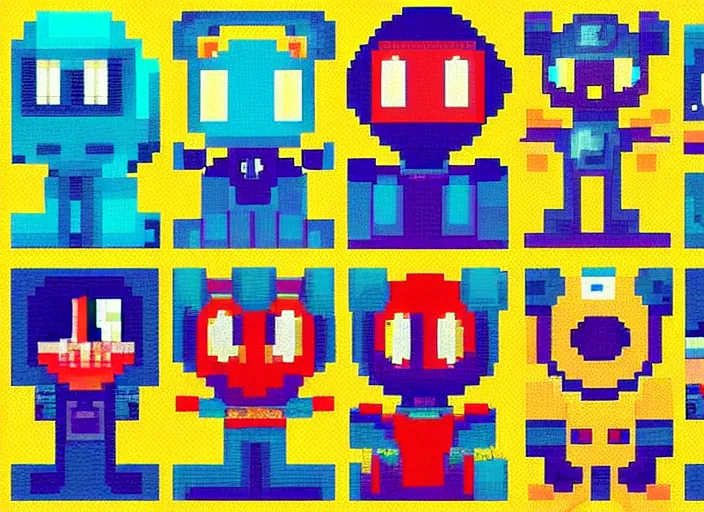 Image similar to 3 rows of 3 framed closeup face portraits of cute evil robots, in the style of mega man, as high - resolution pixel - art.