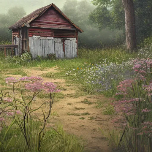 Image similar to a matte painting of a midwestern countryside, shack close up, river, overgrown, patchy flowers, oil painting, pale colors, high detail, 8 k, wide angle, trending on artstation,