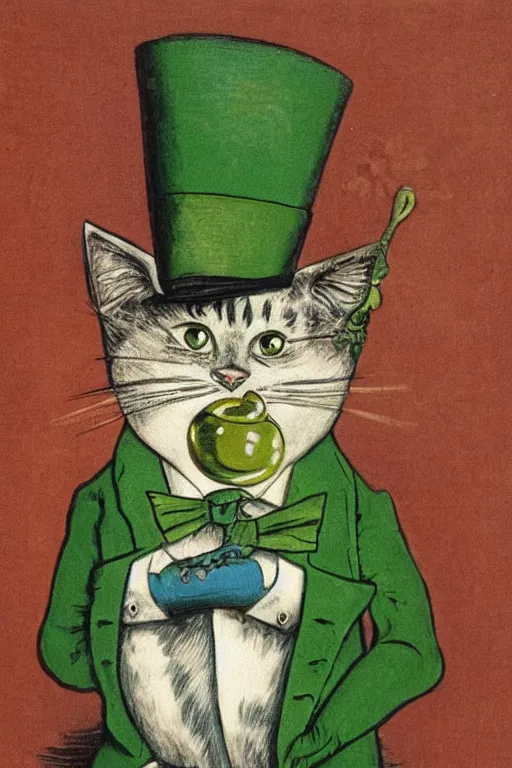 Image similar to 3 / 4 portrait of a cat wearing a top hat and a green three piece suit with a fish in its mouth, by louis wain and david tibet