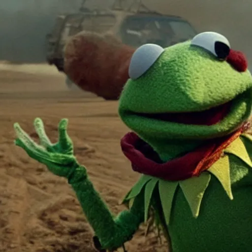 Prompt: kermit the frog in mad max