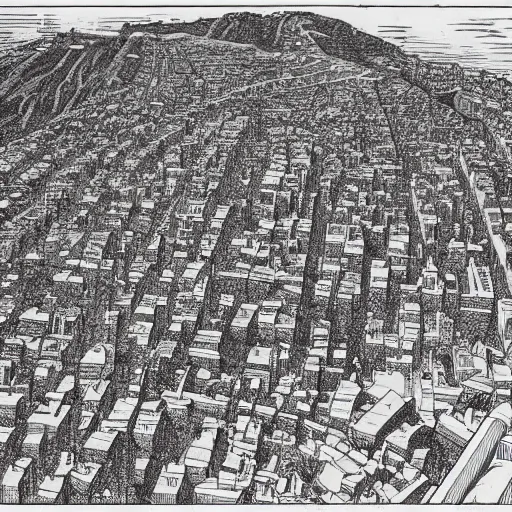 Prompt: aerial shot of Athens, 440 BCE, drawn by Moebius