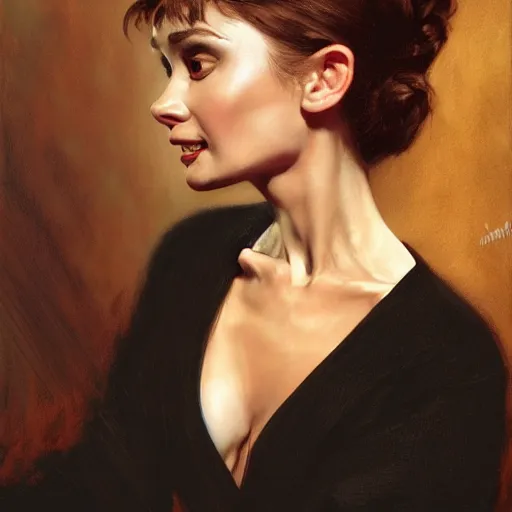 Image similar to detailed realistic cinematic wide shot of beautiful attractive audrey hepburn vampire woman wearing black bath robe slim face symettrical face clean skin black eyes black robe smooth, sharp focus, ultra realistic, spring light, painting by gaston bussiere, craig mullins, j. c. leyendecker