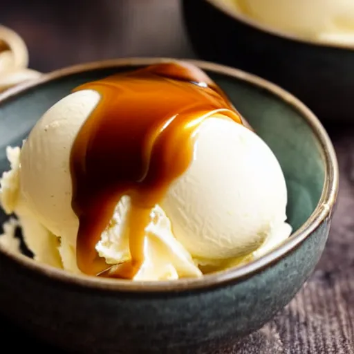 Image similar to closeup of a bowl with three balls of plain vanilla ice cream. with small amounts of caramel sauce on top. Simplistic. Food photography.