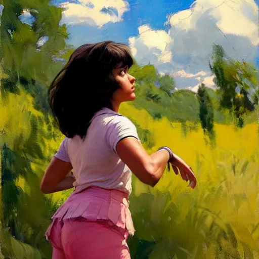 Image similar to Greg Manchess painting of dora the explorer, countryside, fantasy character portrait, dynamic pose, above view, sunny day, thunder clouds in the sky, artwork by Jeremy Lipkin and Giuseppe Dangelico Pino and Michael Garmash and Rob Rey, very coherent asymmetrical artwork, sharp edges, perfect face, simple form, wacky, 100mm