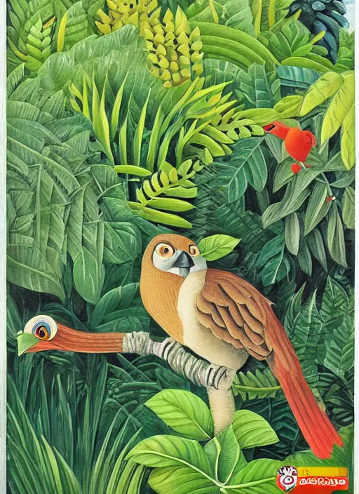 Prompt: rare bird in the jungle, highly detailed, style of henri rousseau and richard scarry and hiroshi yoshida