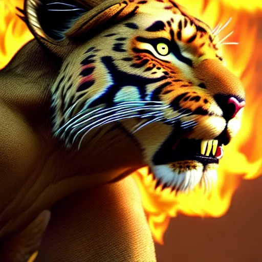 Image similar to mix of puma and jaguar and lion and tiger jumping over a cliff, giant cat monster, 8 k ultra realistic animal, detailed intricate fur, flame in the fur, full of colour, cinematic lighting, battered, trending on artstation, 4 k, hyperrealistic, focused, extreme details, unreal engine 5, cinematic, masterpiece, art by ayami kojima