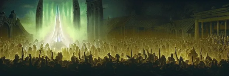 Image similar to a crowd of worshipers praying to a portal to hell, by Michael Whelan, luminous lighting, cinematic, panoramic, aspect ratio 1:3