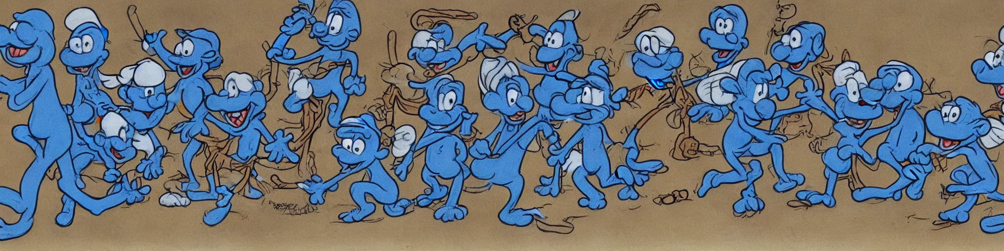Prompt: in highly detailed color drawing of smurfs and long bones