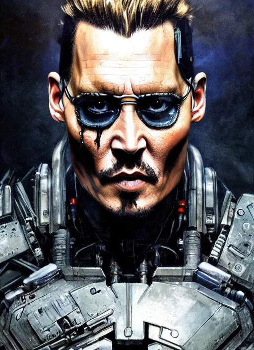 Image similar to johnny depp as victor stone, full body concept, cyborg, borg, strogg, face of a man, terminator, flesh, quake strogg, doom demon, wolfenstein, monstrous, powerful, symmetry, symmetrical, concept art by ruan jia and greg rutkowski