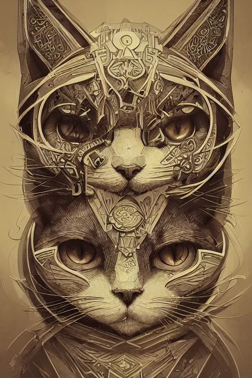 Image similar to geometric cat portrait, identical eyes, medium shot, fantasy, illustration, detailed line work, symmetrical, acid vintage color palette, artstation, hyper detailed, cinematic lighting, incredibly detailed and intricate, ornate, by peter mohrbacher