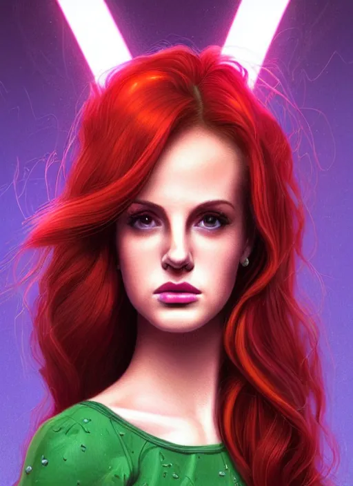 Image similar to full body portrait of teenage cheryl blossom, bangs, green eyes, mischievous expression, red hair, sultry smirk, bangs and wavy hair, 1 9 8 0 s, intricate, elegant, glowing lights, highly detailed, digital painting, artstation, concept art, smooth, sharp focus, illustration, art by wlop, mars ravelo and greg rutkowski