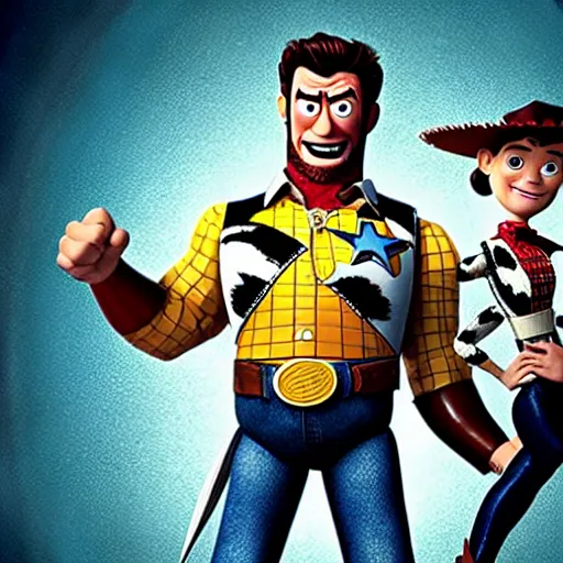 Prompt: Un-crop, Hugh Jackman stars in the action road-trip comedy, Wolverine Ate, from Toy Story, Woody\'s Homework.