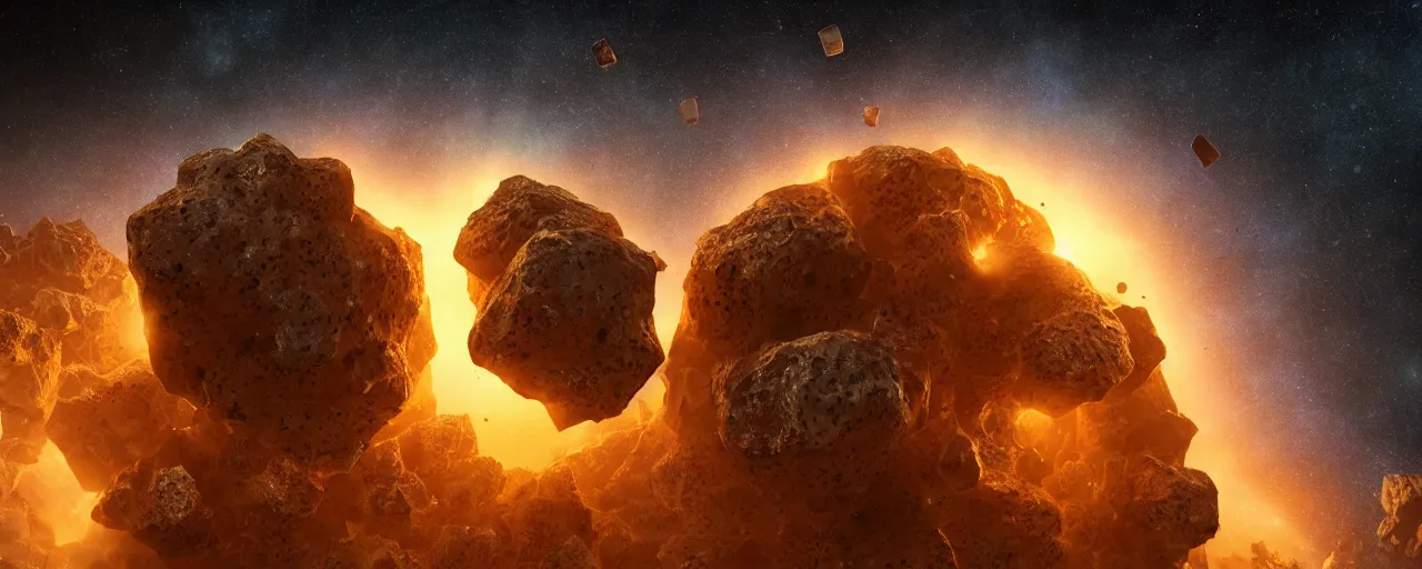 Prompt: movie still, asteroid with many hexagonal holes, unreal engine, octane render, detailed and intricate, global illumination, volumetric lighting, hubble telescope images, james webb telescope images, houdini fluid simulation, detailed and intricate environment