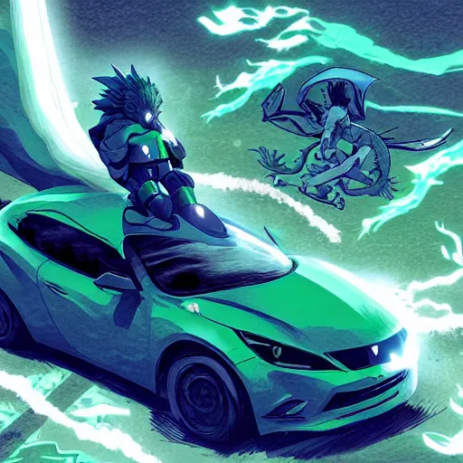 Image similar to blue knight in a green hatchback car vs dragon, close up, anime, desert landscape, greg rutkowski, Murata, one punch man manga,