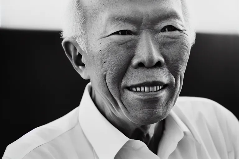 Prompt: black and white portrait photo of lee kuan yew, slight smile, natural light, low contrast, photo by Peter Lindbergh, 8K