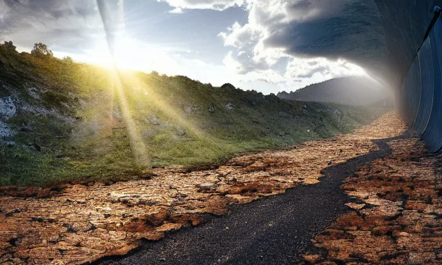 Image similar to beautiful photograph of a vertical tunnel made of raindrops in the blue sky, between a dried up river and the sun, highly-detailed, fantastic, dramatic lighting, artstation, 4k