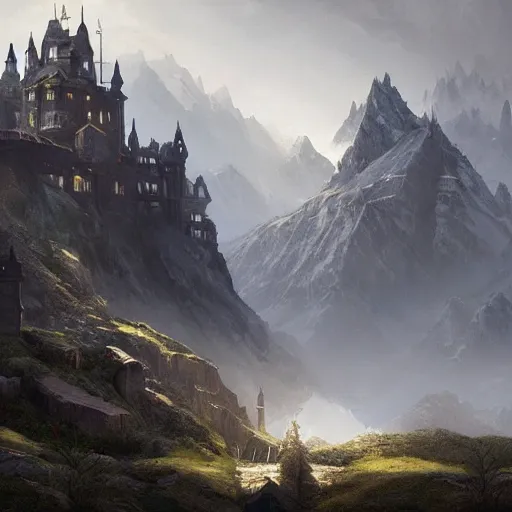 Prompt: A wizard's castle high in the mountains, matte painting, concept art, by Greg Rutkowski