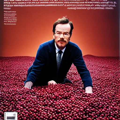 Prompt: tiny bryan cranston's long neck sticking out of a bowl of cranberries, body submerged in cranberries, natural light, sharp, detailed face, magazine, press, photo, steve mccurry, david lazar, canon, nikon, focus