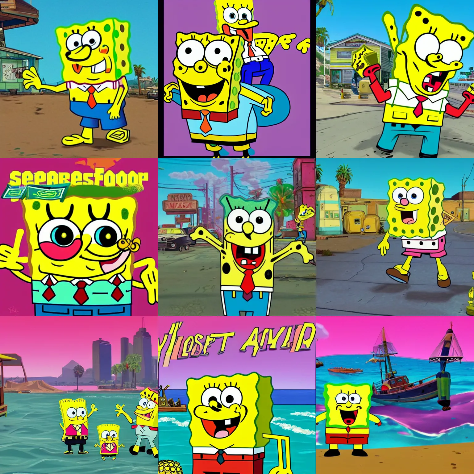 Prompt: Spongebob as GTA V cover art by Stephen Bliss
