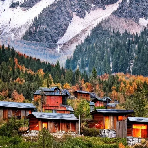 Prompt: brutalist cabin village, mountains, forest, beautiful,